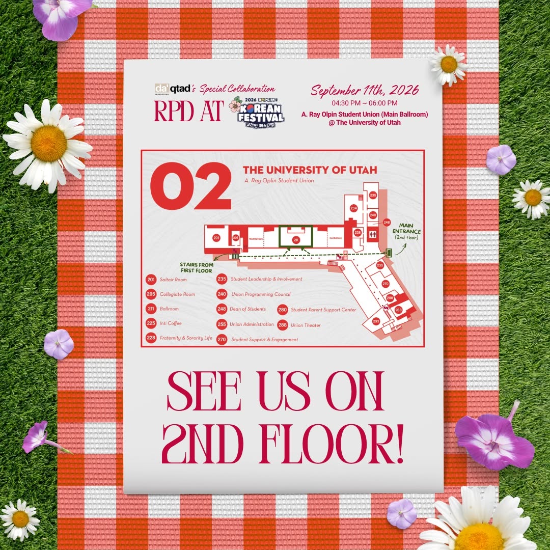 📍 𝗪𝗛𝗘𝗥𝗘 𝗧𝗢 𝗙𝗜𝗡𝗗 𝗨𝗦 𝗔𝗧 𝗕𝗢𝗣𝗦𝗜𝗠! 🌸

Coming to our K-pop Random Play Dance at 𝗕𝗢𝗣𝗦𝗜𝗠 𝗞𝗼𝗿𝗲𝗮𝗻 𝗙𝗲𝘀𝘁𝗶𝘃𝗮𝗹 𝟮𝟬𝟮𝟲? Here’s exactly where to find us! 👀

🏫 𝗔. 𝗥𝗮𝘆 𝗢𝗹𝗽𝗶𝗻 𝗦𝘁𝘂𝗱𝗲𝗻𝘁 𝗨𝗻𝗶𝗼𝗻
📍 𝗠𝗮𝗶𝗻 𝗕𝗮𝗹𝗹𝗿𝗼𝗼𝗺, 𝟮𝗻𝗱 𝗙𝗹𝗼𝗼𝗿
🎓 University of Utah

📅 𝗦𝗲𝗽𝘁𝗲𝗺𝗯𝗲𝗿 𝟭𝟭𝘁𝗵, 𝟮𝟬𝟮𝟲
⏰ 𝟰:𝟯𝟬 𝗣𝗠 ~ 𝟲:𝟬𝟬 𝗣𝗠

Enter through the 𝗠𝗮𝗶𝗻 𝗘𝗻𝘁𝗿𝗮𝗻𝗰𝗲 𝗼𝗻 𝘁𝗵𝗲 𝟮𝗻𝗱 𝗳𝗹𝗼𝗼𝗿, then follow the map to the Main Ballroom! If you’re coming up from the first floor, the stairs will take you right up to us 💃✨

Save this post so you don’t get lost on event day 📌

𝗦𝗘𝗘 𝗨𝗦 𝗢𝗡 𝗧𝗛𝗘 𝟮𝗡𝗗 𝗙𝗟𝗢𝗢𝗥! 🌷

#DAQTAD #BOPSIM #BOPSIM2026 #KoreanFestival #KpopRPD #RandomPlayDance #UniversityOfUtah #UofU #SaltLakeCity #UtahKpop